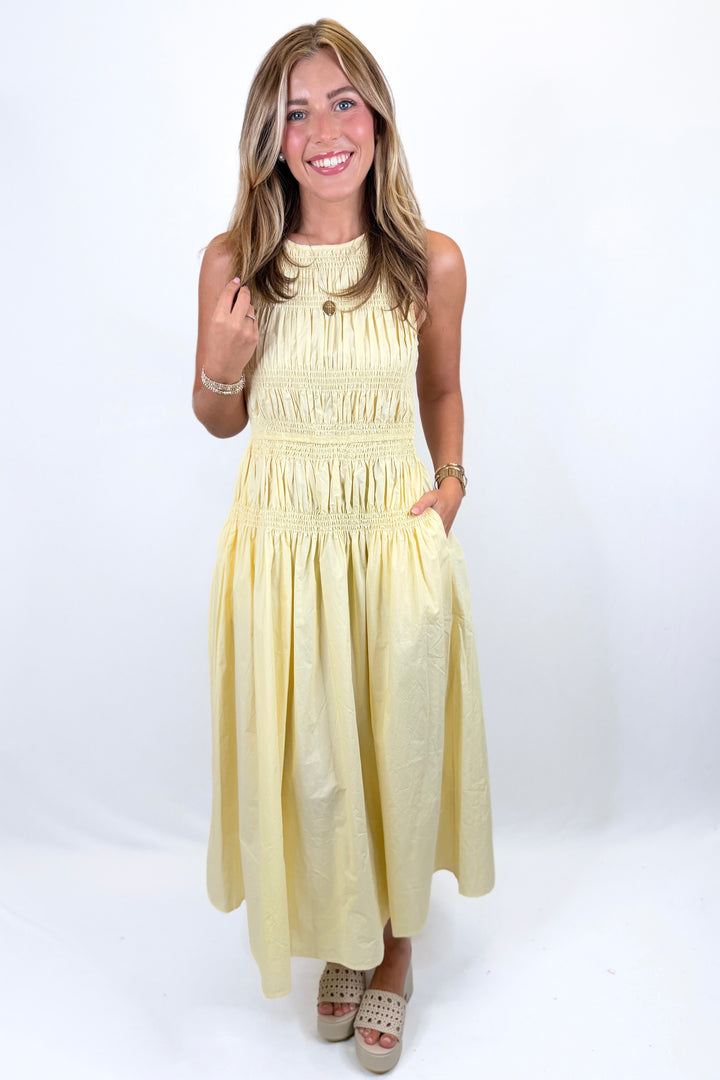 YELLOW SMOCKED DROP WAIST MIDI DRESS