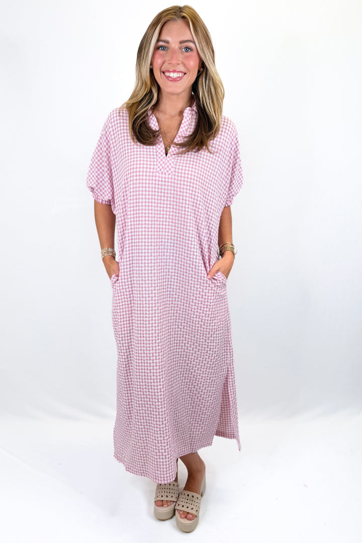 PINK GINGHAM CHECK COLLAR MIDI DRESS