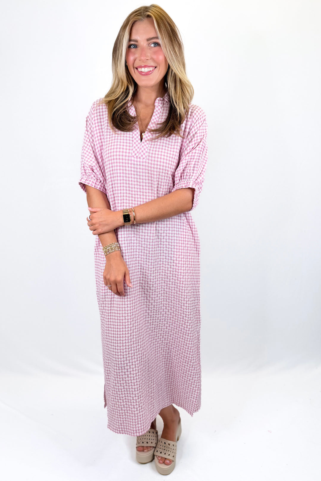 PINK GINGHAM CHECK COLLAR MIDI DRESS