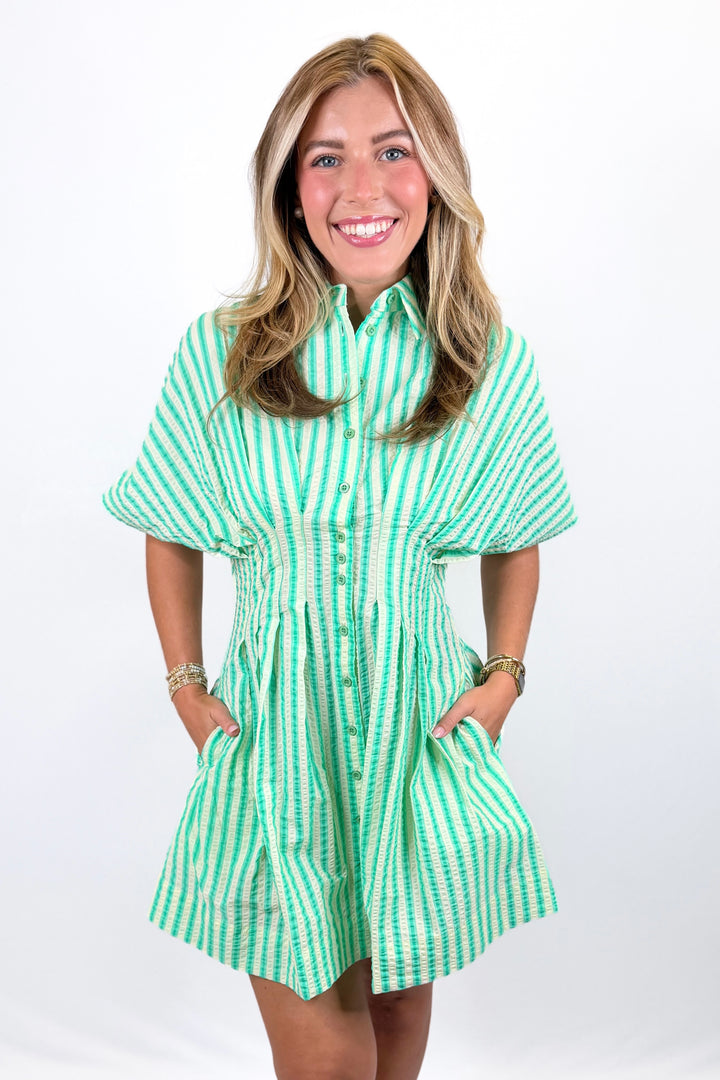 KARLIE: GREEN SEERSUCKER STRIPE BUTTON SHIRT DRESS