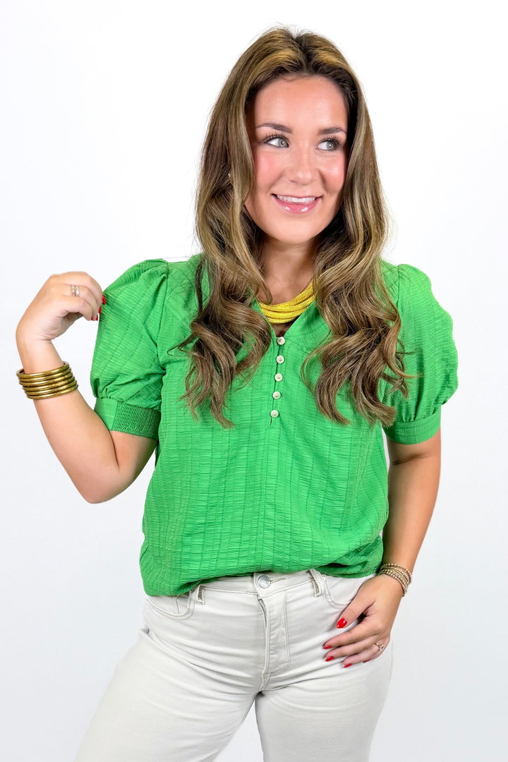 GREEN TEXTURED PUFF SLEEVE TOP