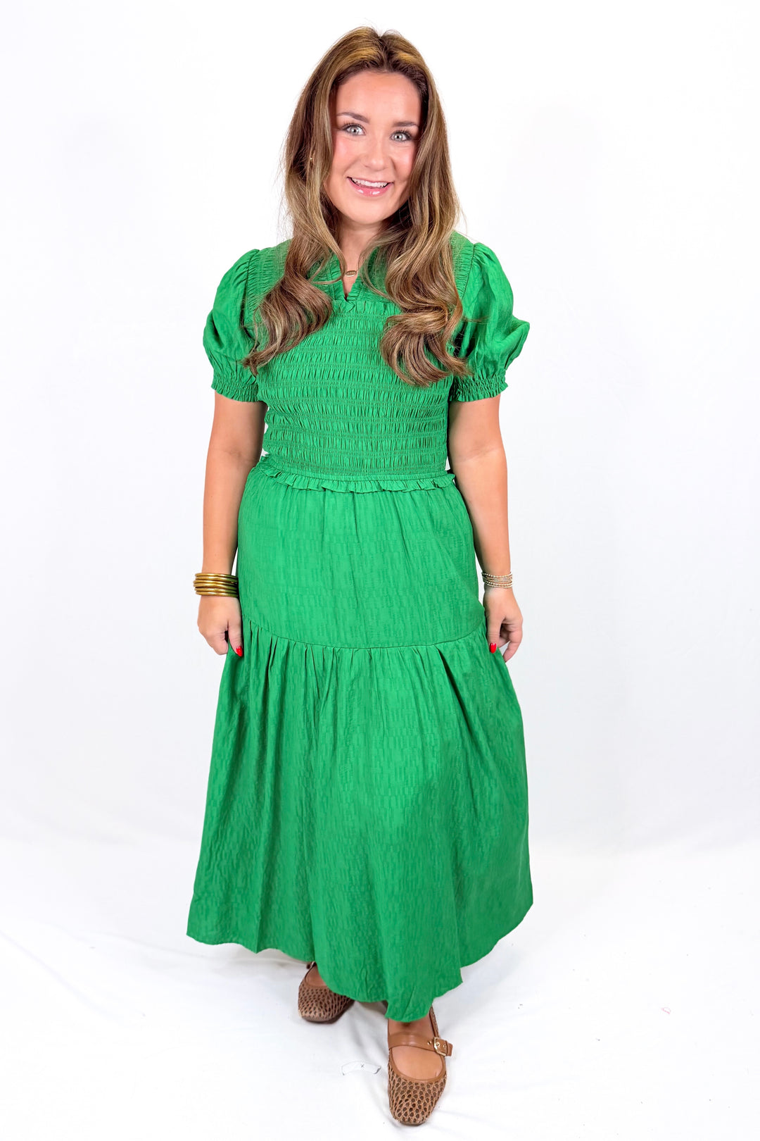 GREEN SMOCKED BODICE MIDI DRESS