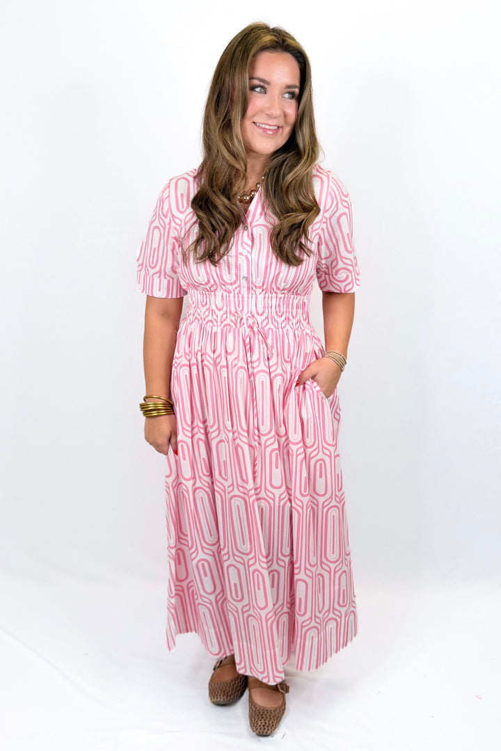 PINK GEO PRINT COLLAR MIDI DRESS