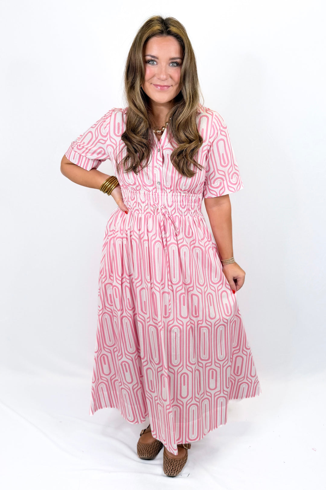 PINK GEO PRINT COLLAR MIDI DRESS