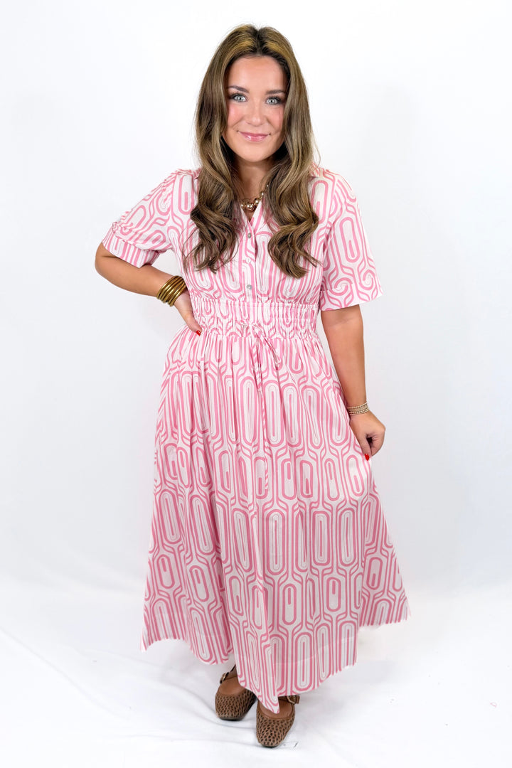 PINK GEO PRINT COLLAR MIDI DRESS