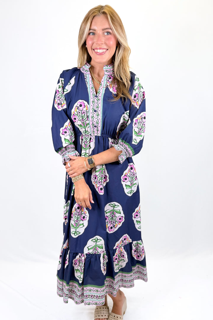 NAVY & PINK FLORAL CONTRAST TRIM MIDI DRESS