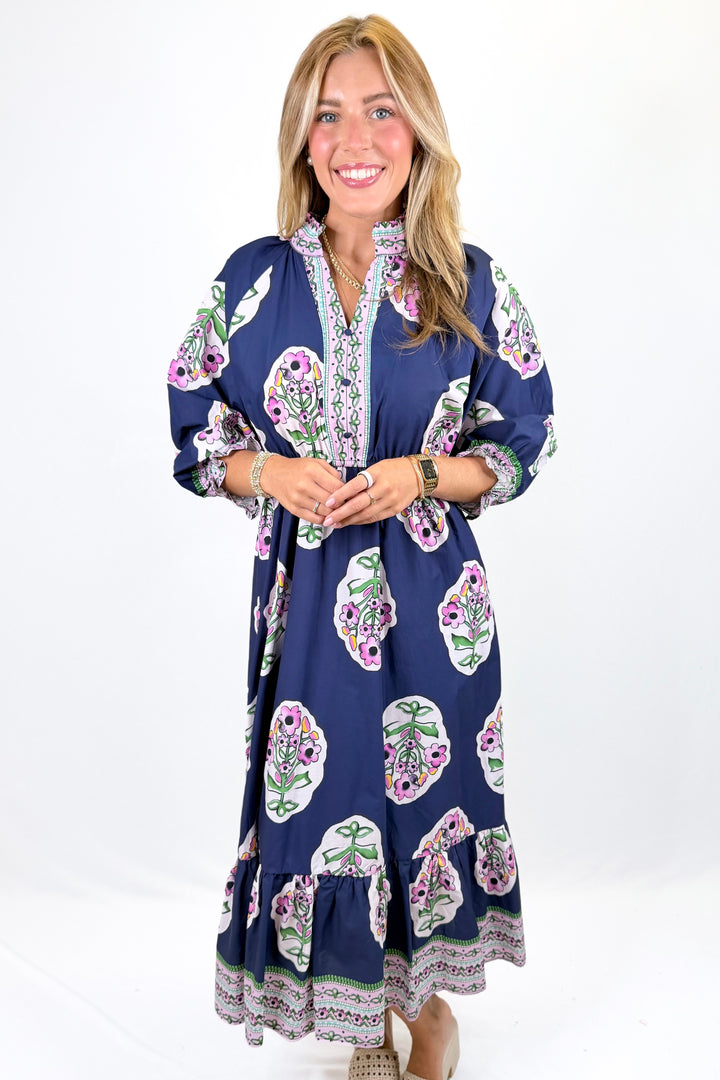 NAVY & PINK FLORAL CONTRAST TRIM MIDI DRESS