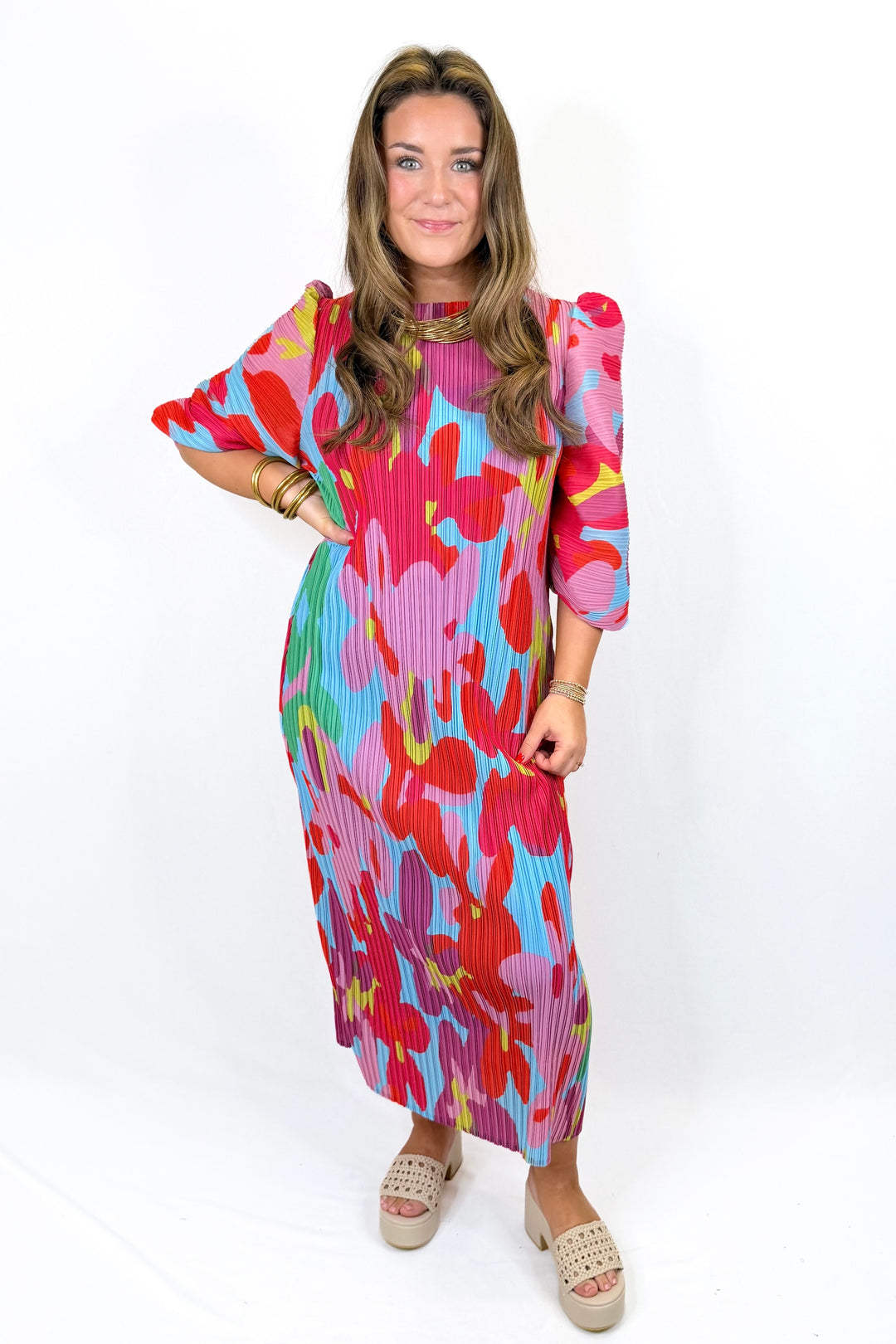 Karlie: Red Big Floral Pleat Dress | Floral Dress for Women