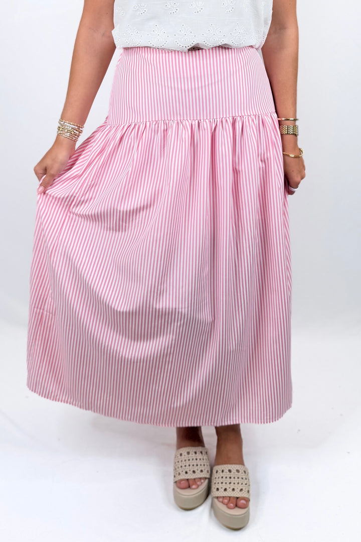 PINK STRIPE DROP WAIST MIDI SKIRT