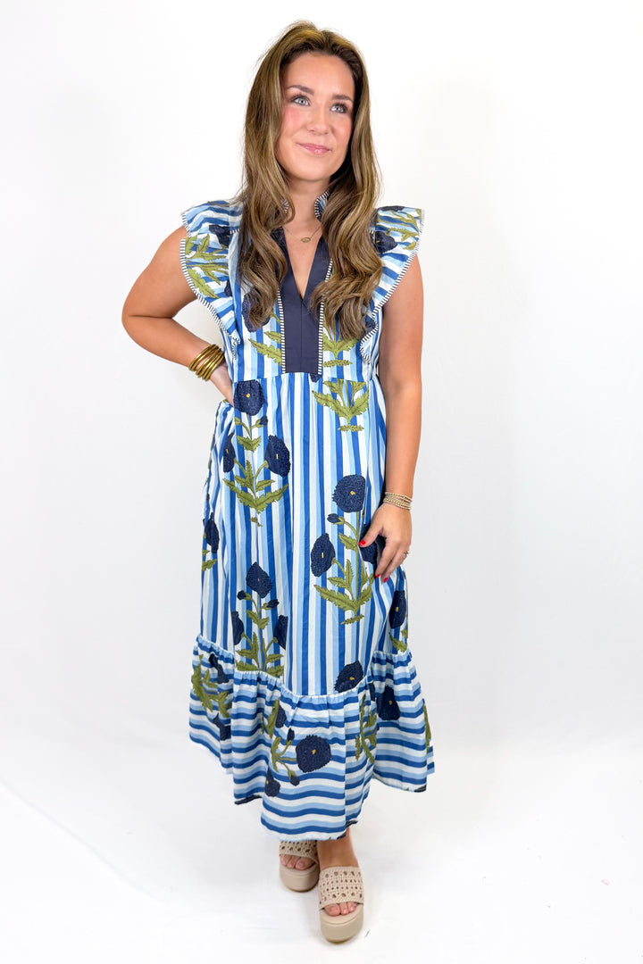 BLUE & NAVY STRIPE FLORAL MIDI DRESS