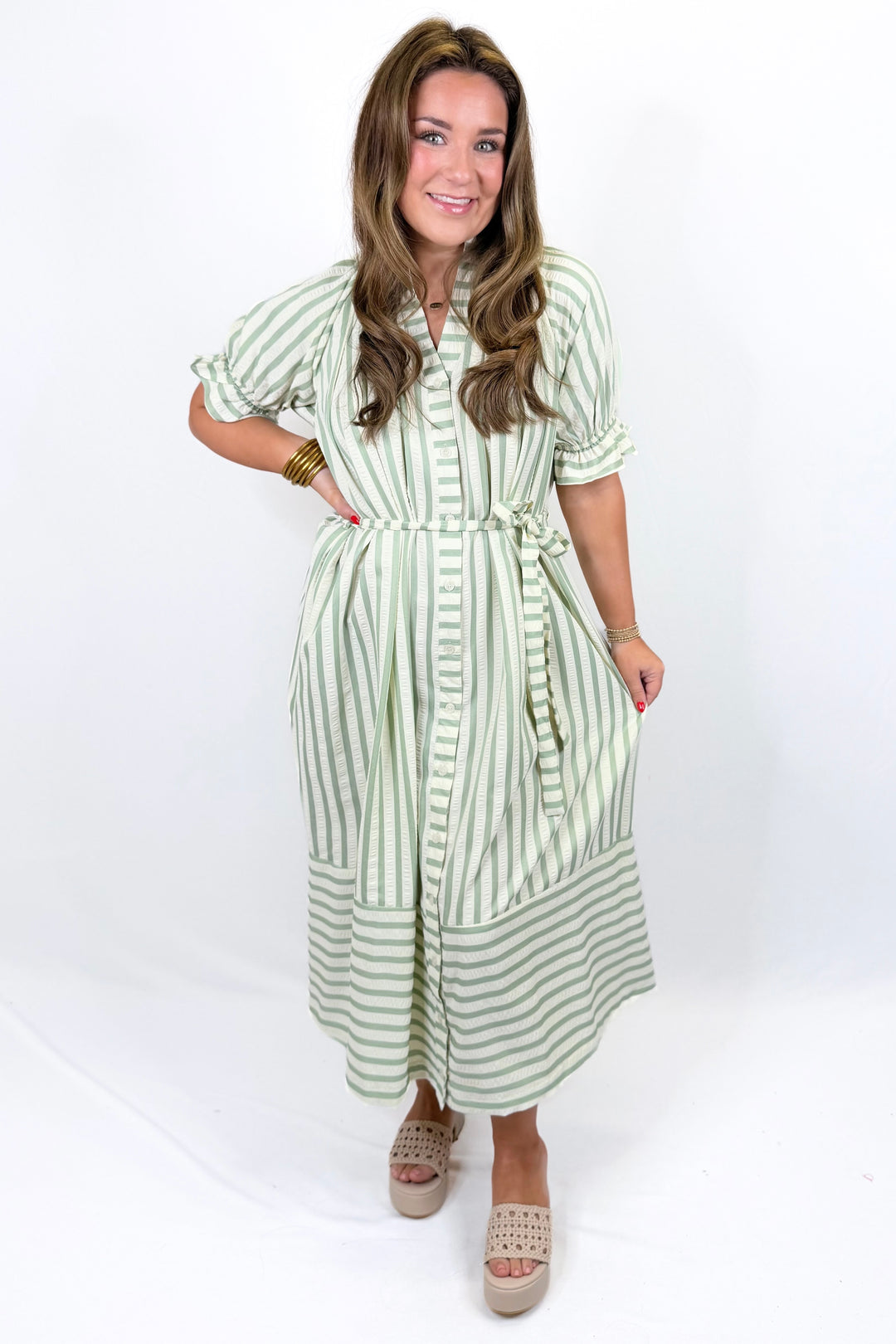 SAGE STRIPE BELTED BUTTON MIDI DRESS