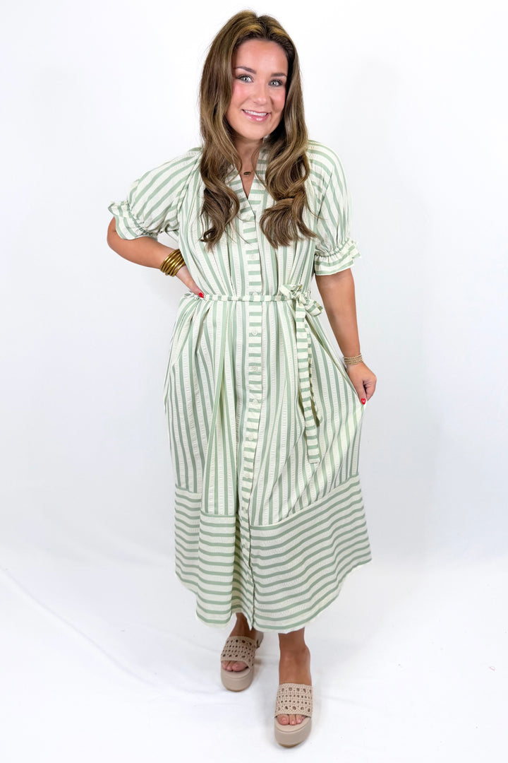 SAGE STRIPE BELTED BUTTON MIDI DRESS