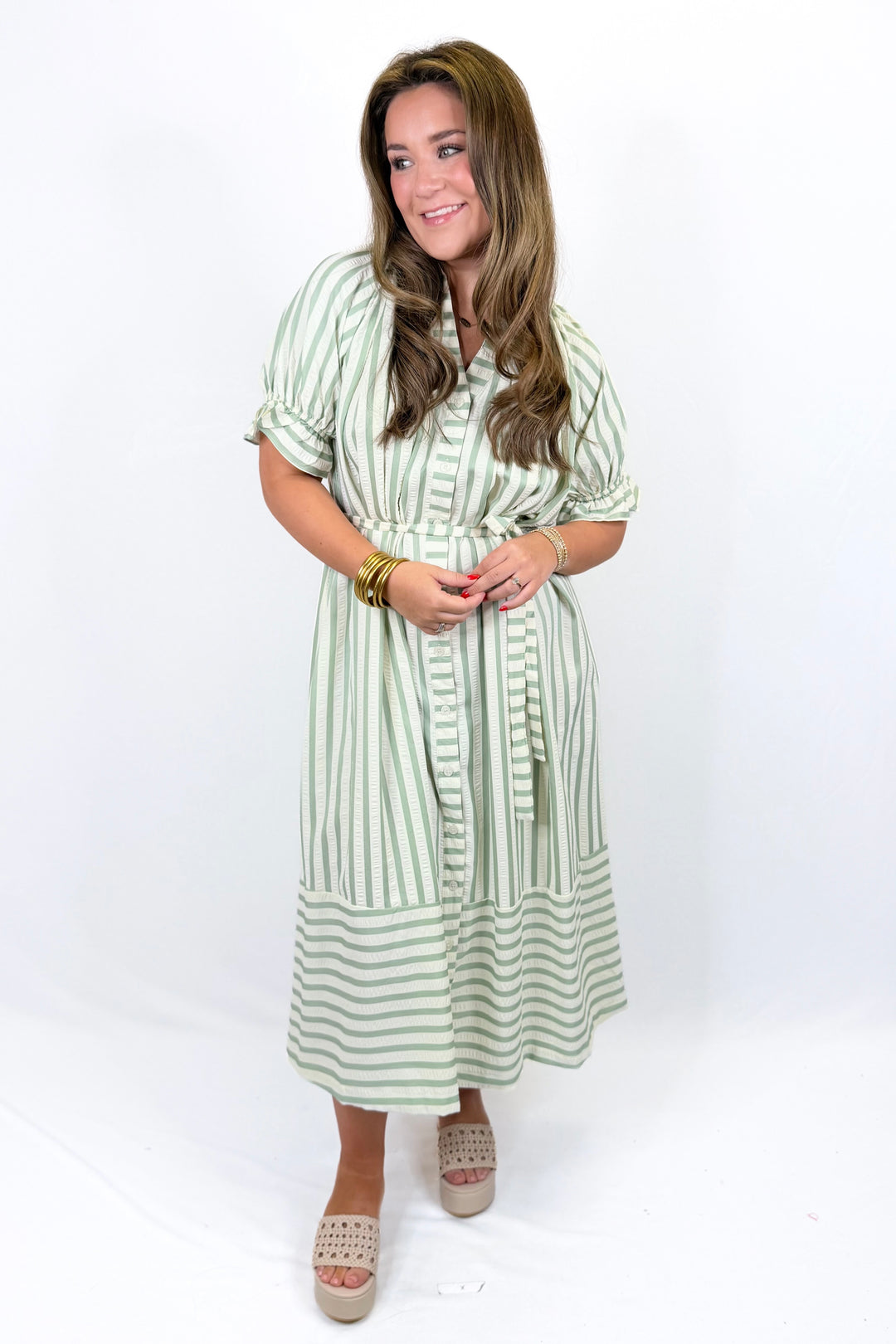 SAGE STRIPE BELTED BUTTON MIDI DRESS