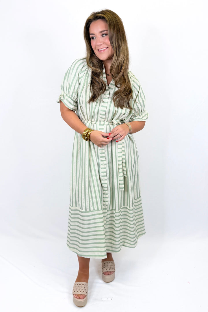 SAGE STRIPE BELTED BUTTON MIDI DRESS