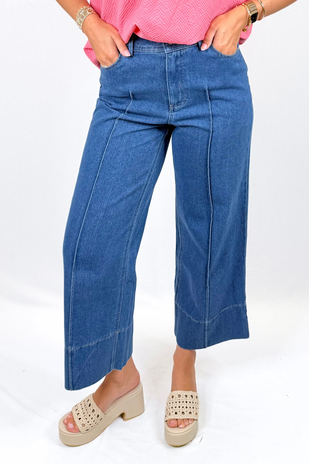 DENIM PINTUCK CROP WIDE LEG JEANS