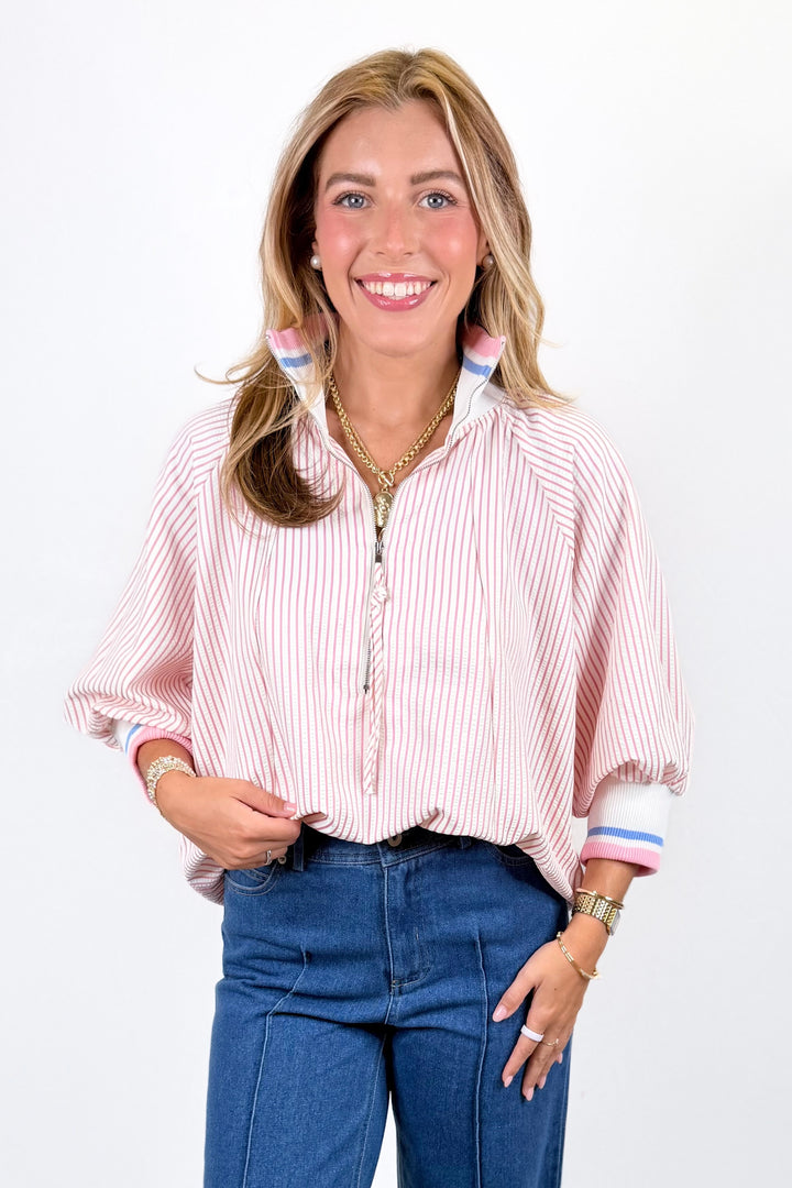 PINK STRIPE CONTRAST RIBBED CUFF ZIP TOP
