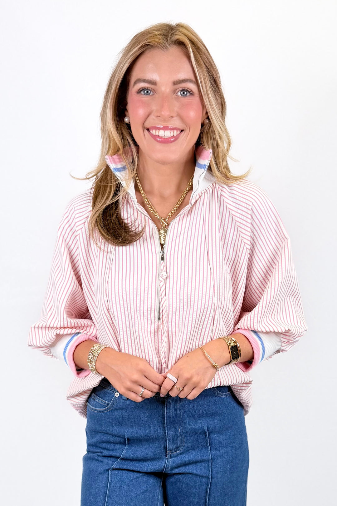 PINK STRIPE CONTRAST RIBBED CUFF ZIP TOP