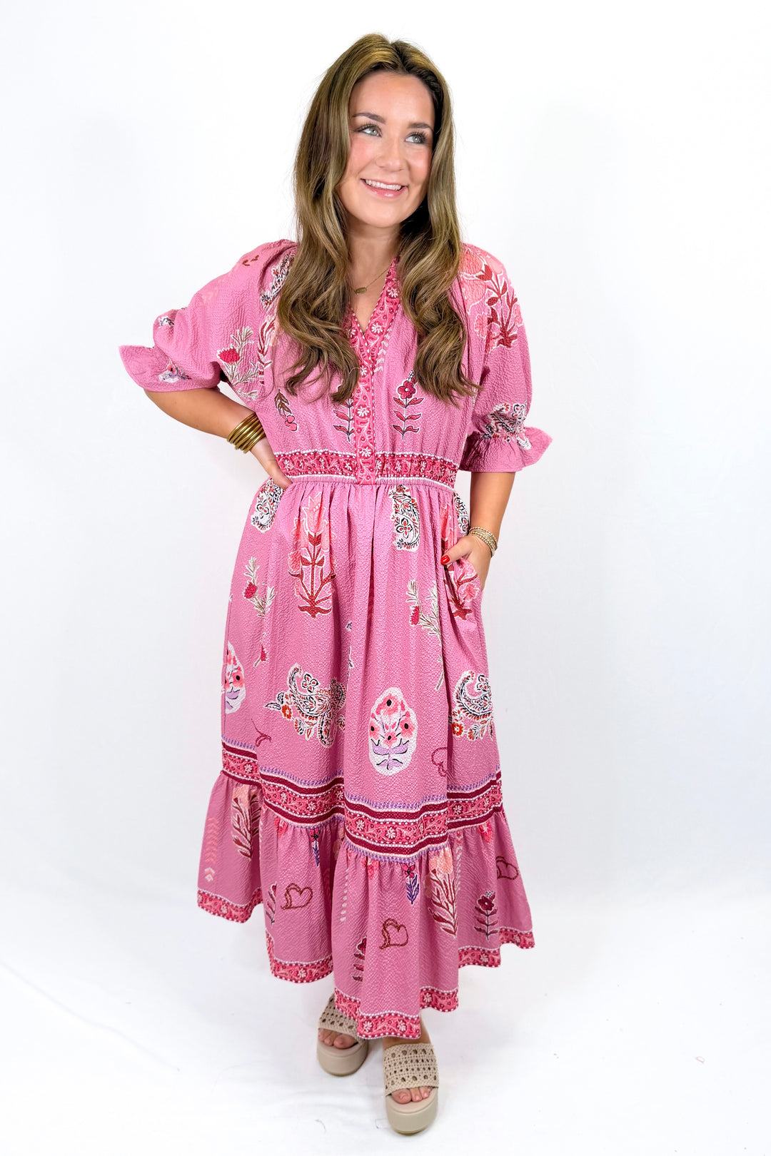PINK FLORAL CONTRAST TRIM VNECK MIDI DRESS