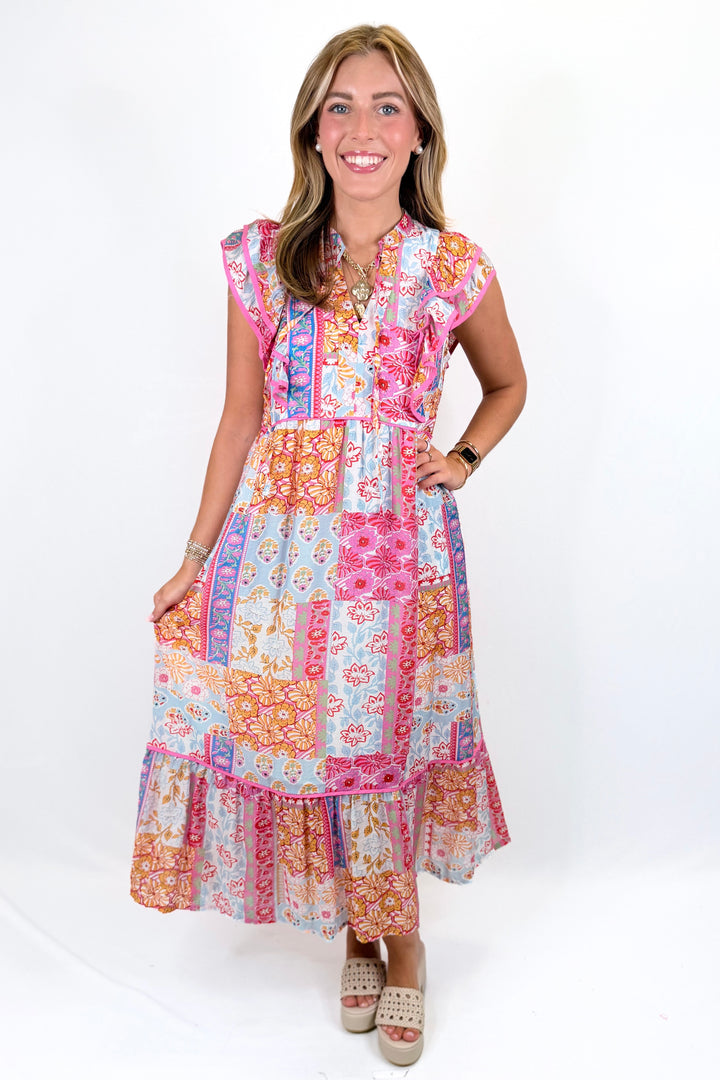 PINK MIX PATCHWORK RUFFLE SHOULDER MIDI DRESS
