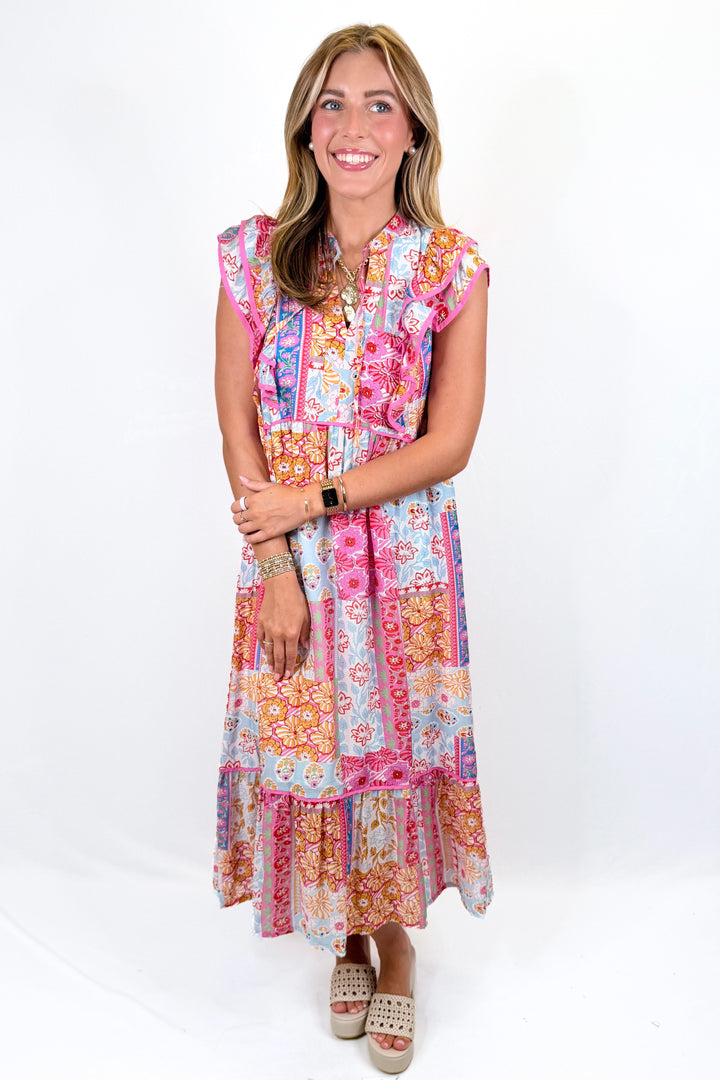PINK MIX PATCHWORK RUFFLE SHOULDER MIDI DRESS