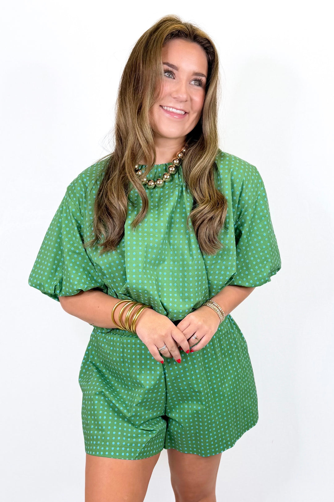 GREEN & BLUE POLKA DOT BUBBLE HEM TOP & SHORTS SET