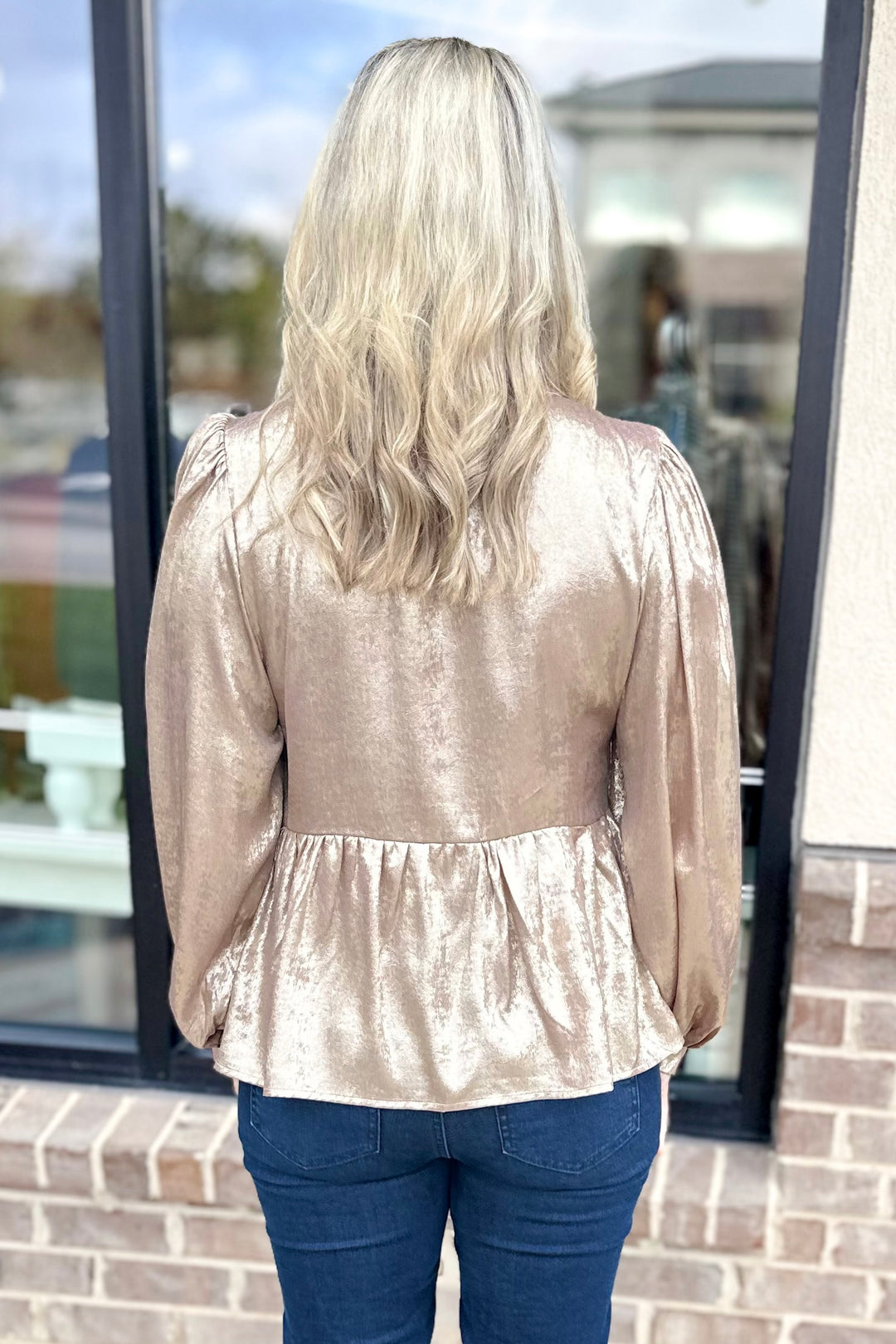 GOLD METALLIC BOW FRONT PEPLUM TOP