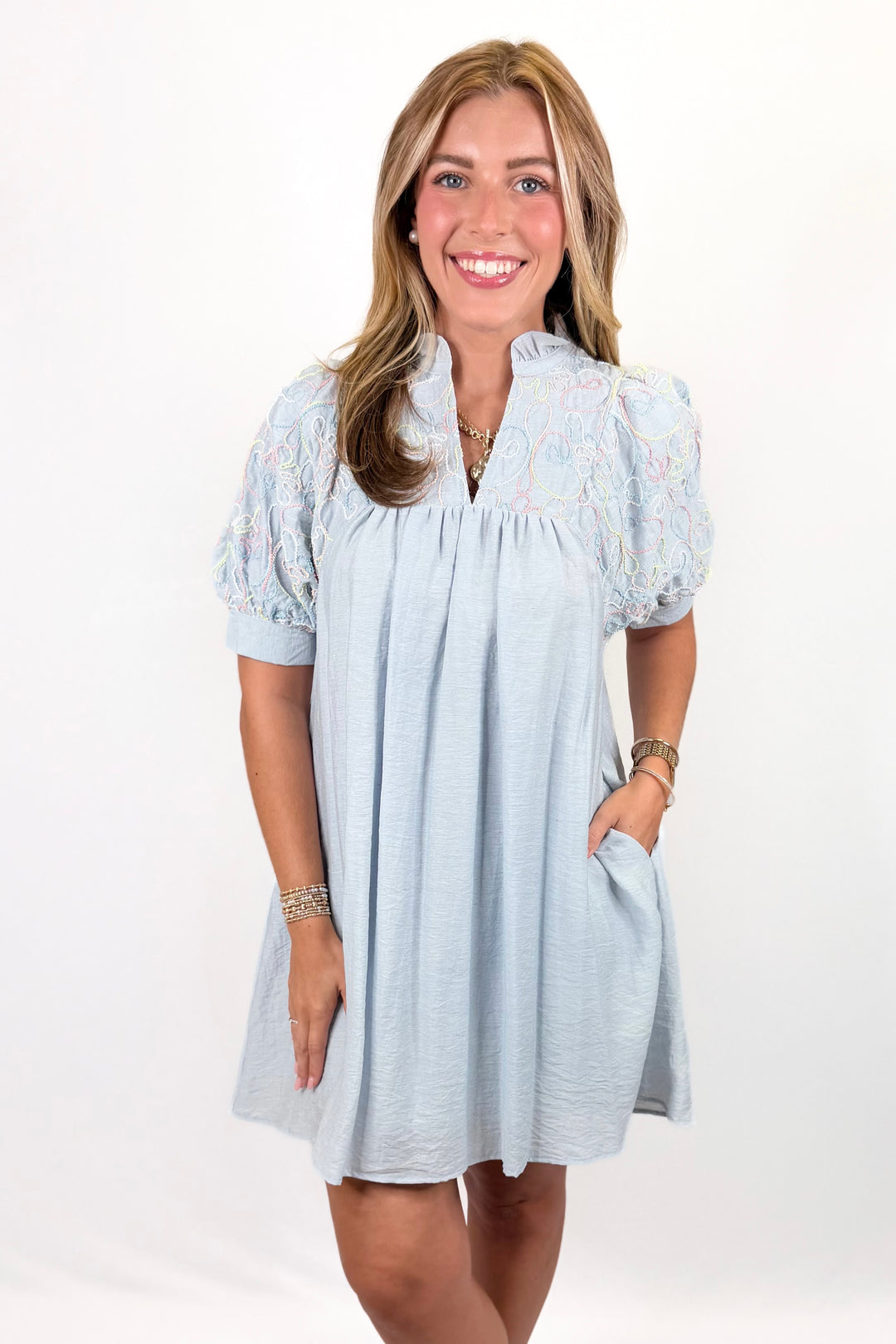SKY BLUE GATHERED 3/4 BALLOON SLEEVE DRESS