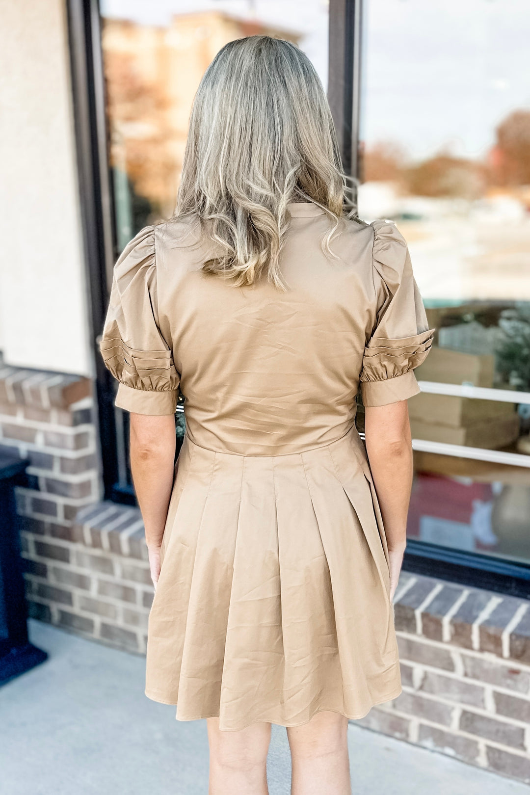 TAN PIN TUCK PLEATED DRESS