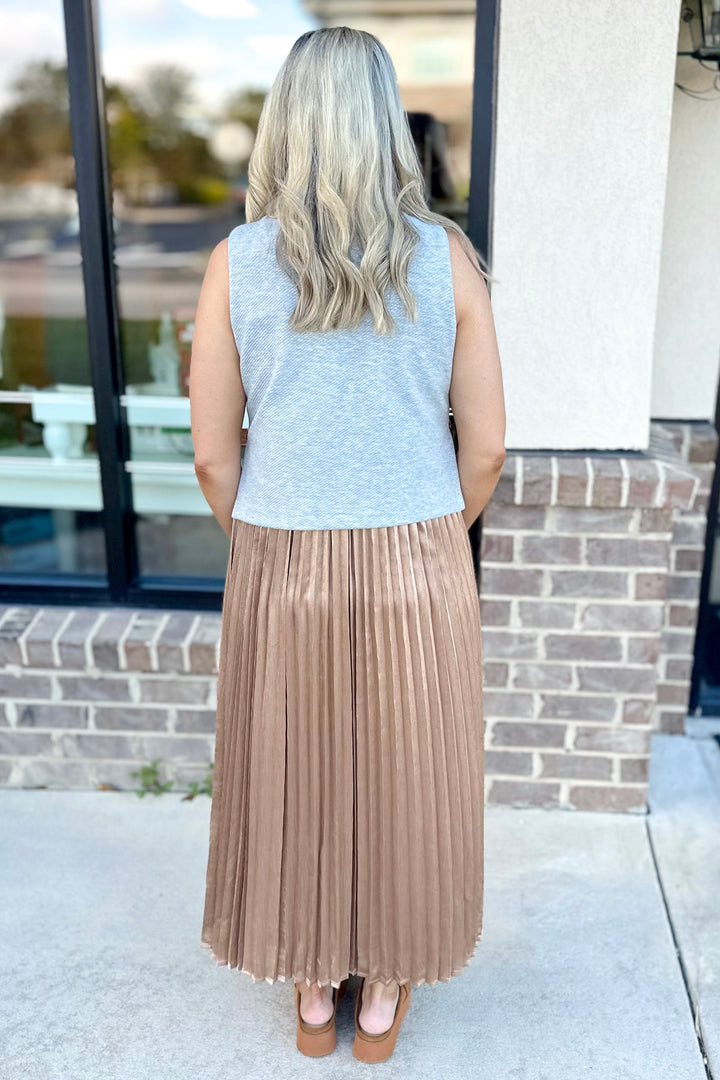 GREY SLEEVELESS PLEATED SKIRT GOLD BUTTON DRESS