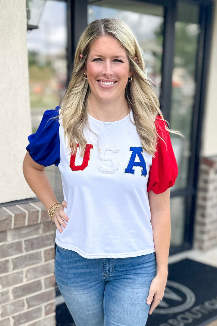 WHITE USA PATCH LETTER PUFF SLEEVE TOP
