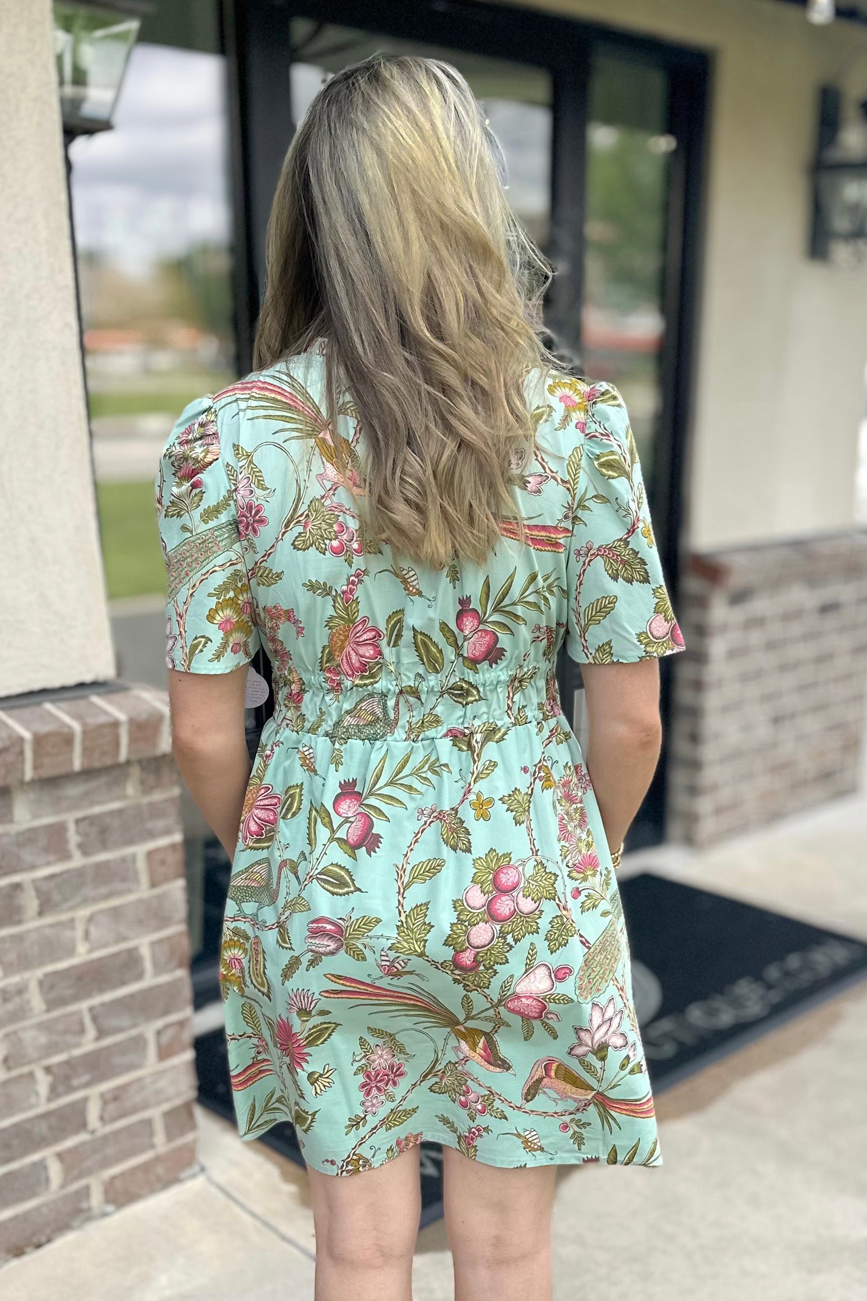 SPARTINA: SEAFOAM SUGAR MILL PEACOCK FLORAL OLIVIA POPLIN DRESS