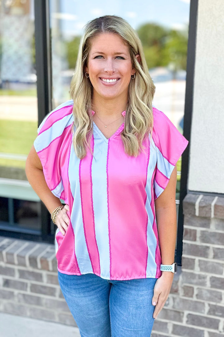 PINK WATER COLOR STRIPE VNECK TOP