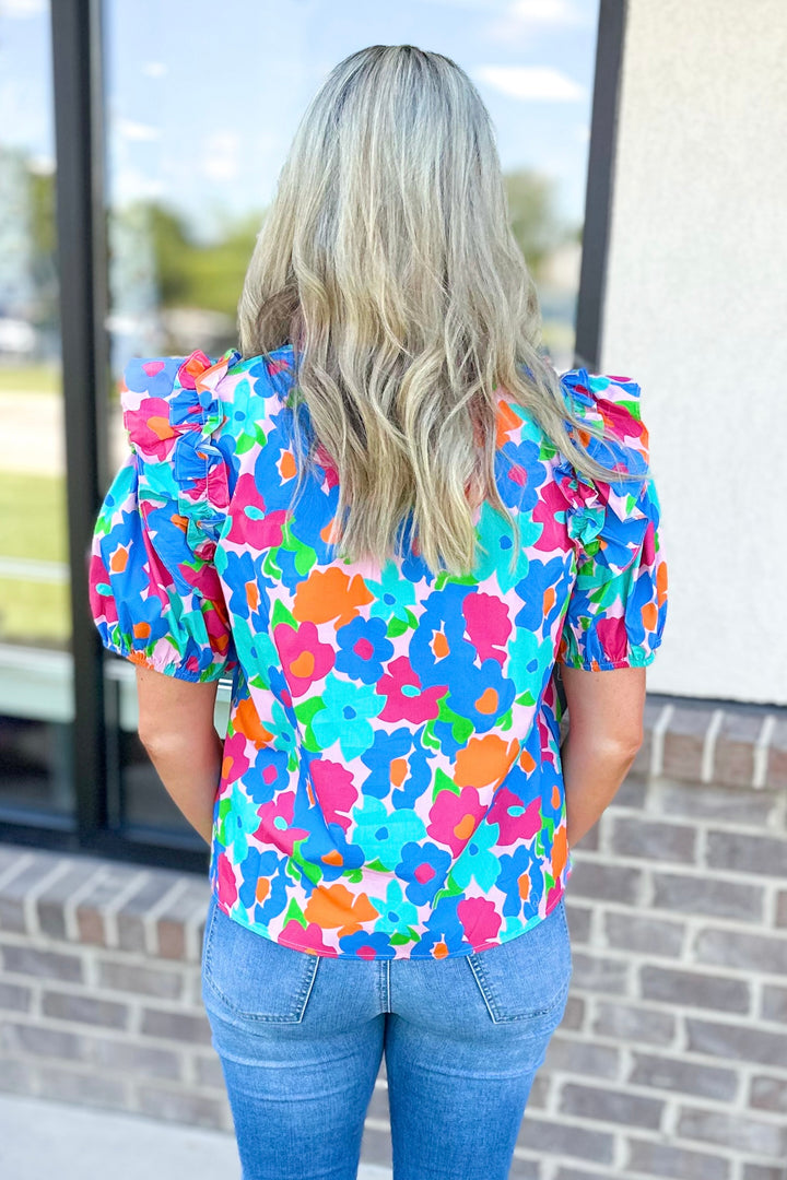 BLUE MULTI FLORAL PUFF SLEEVE TOP