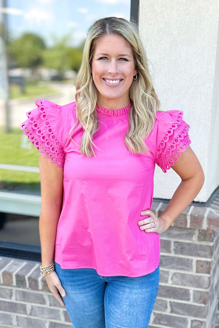 PINK LACE TRIM LAYERED RUFFLE SLEEVE TOP