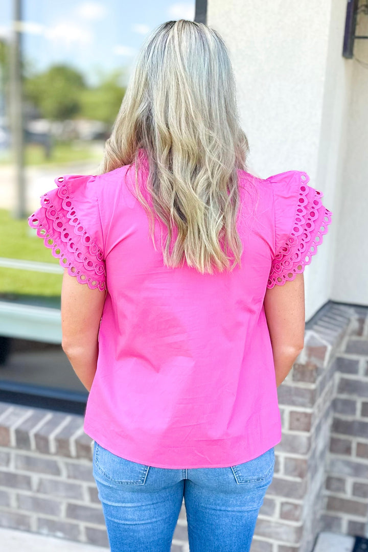 PINK LACE TRIM LAYERED RUFFLE SLEEVE TOP