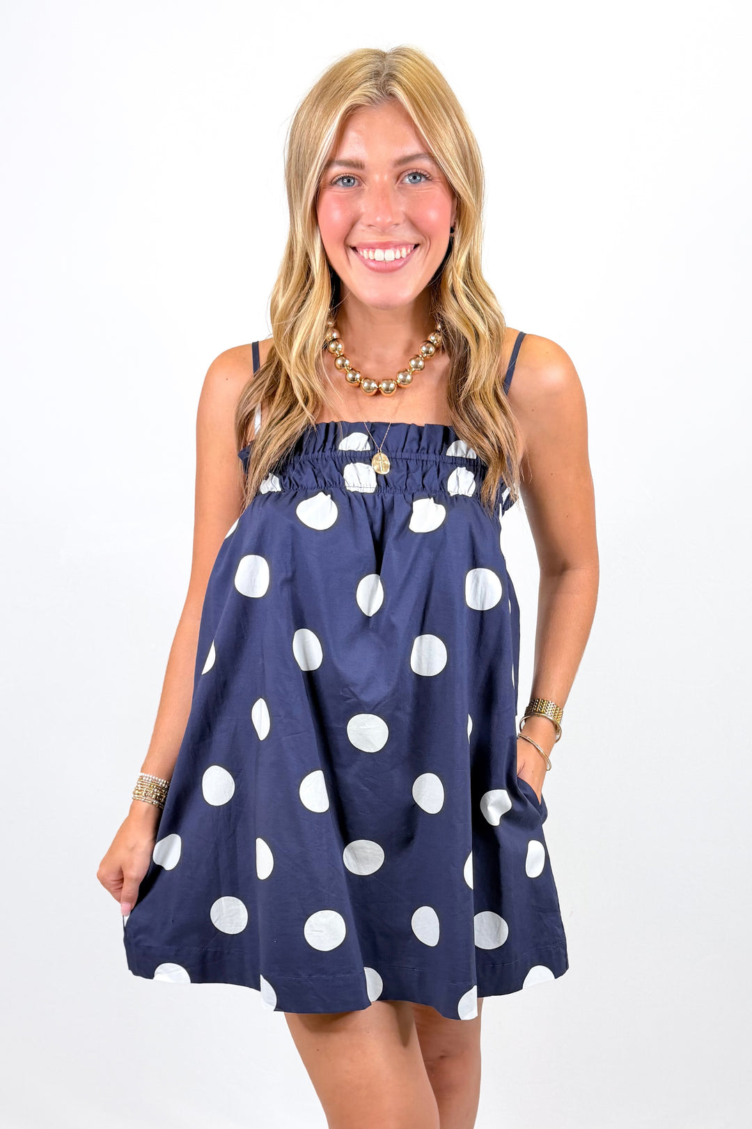 NAVY & WHITE POLKA DOT MINI DRESS