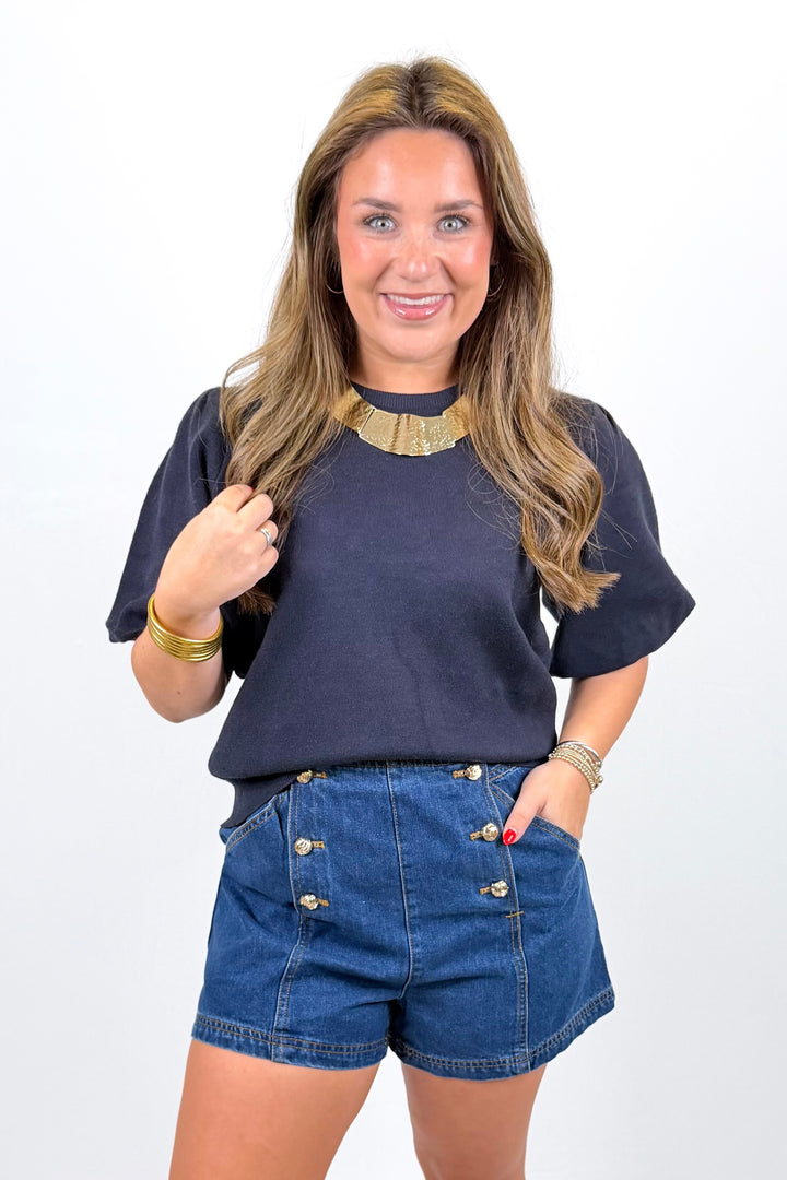 NAVY SHORT SLEEVE SWEATER TOP