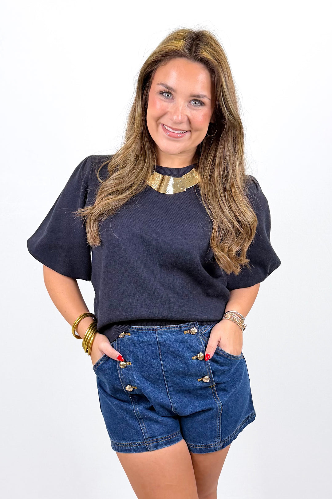 NAVY SHORT SLEEVE SWEATER TOP