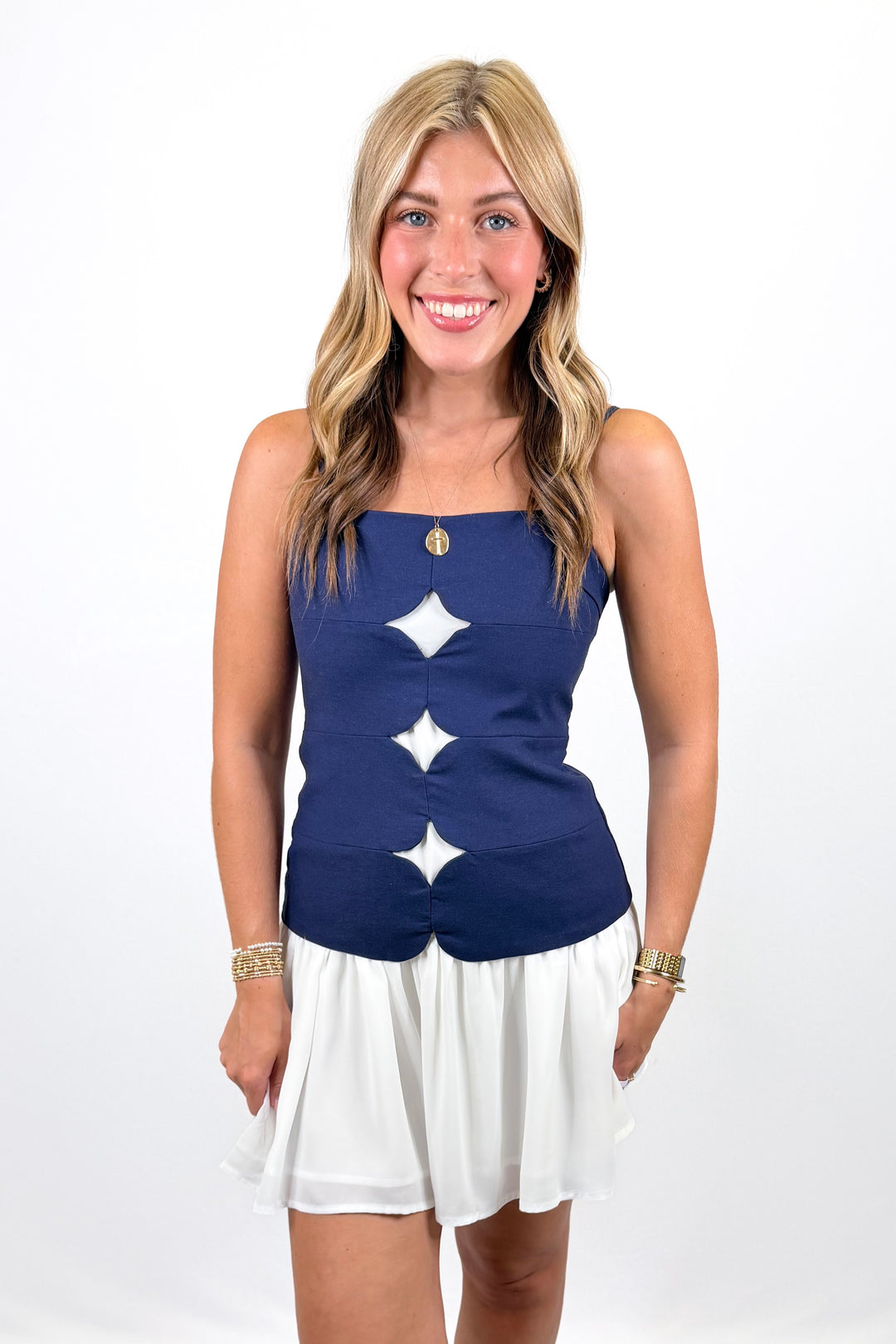NAVY & WHITE RUFFLE HEM DRESS