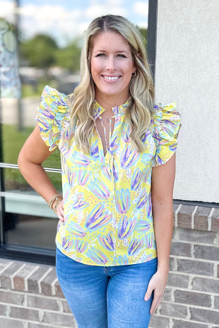 YELLOW MULTI ABSTRACT FRILL TRIM TOP