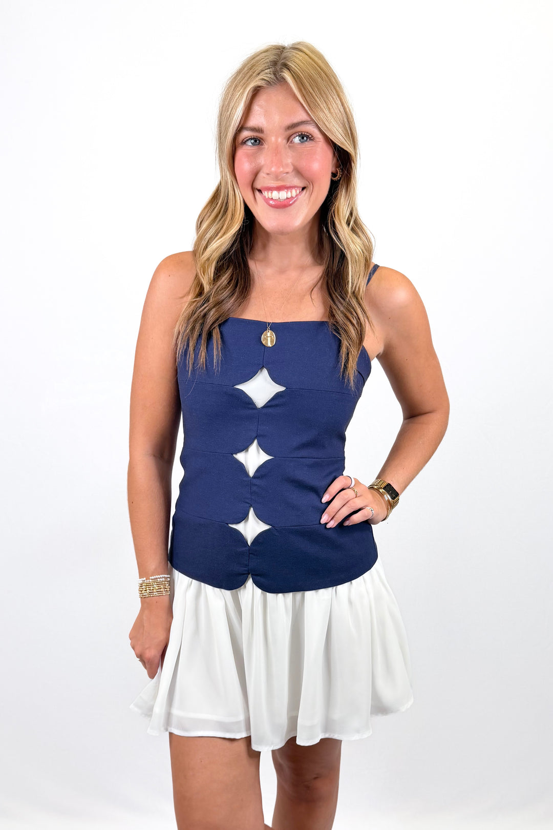 NAVY & WHITE RUFFLE HEM DRESS