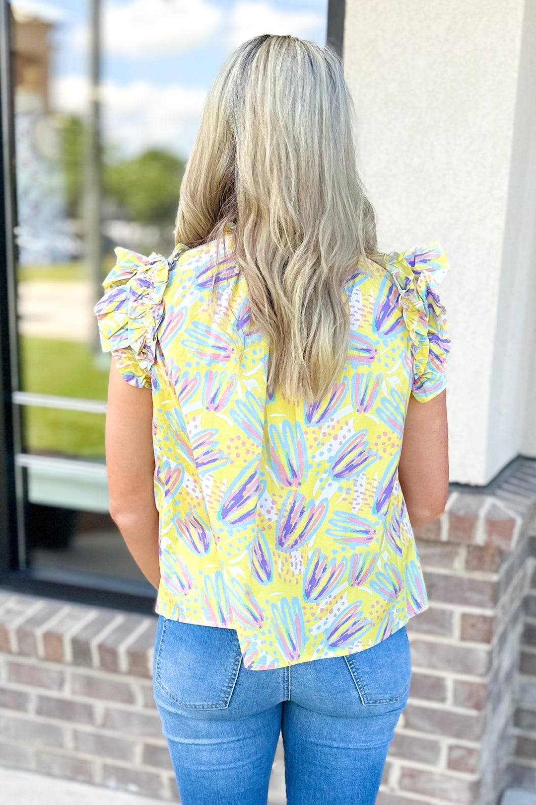 YELLOW MULTI ABSTRACT FRILL TRIM TOP