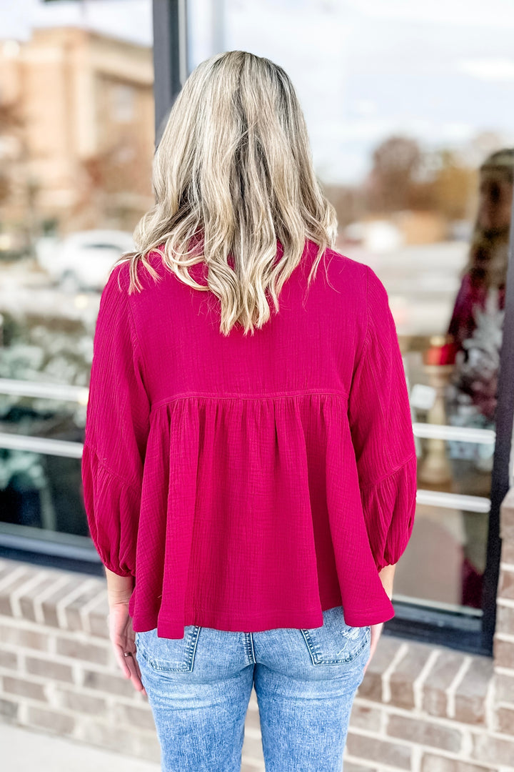BERRY GAUZE COLLARED LONG SLEEVE TOP