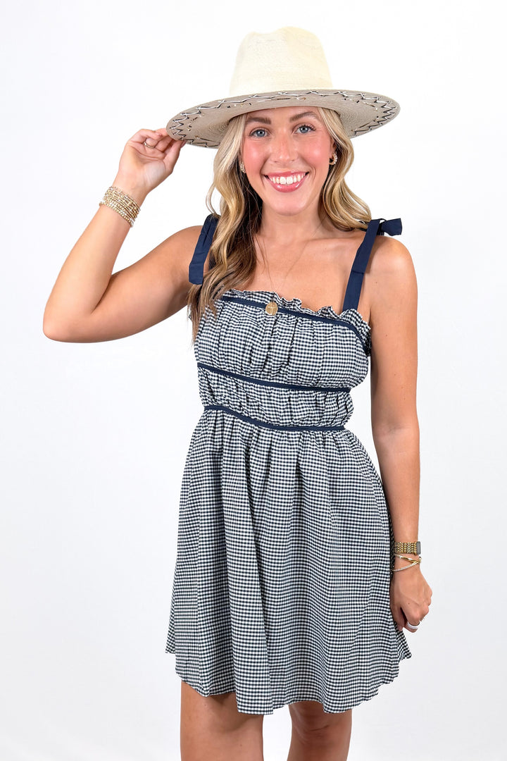 NAVY GINGHAM TIE SHOULDER DRESS