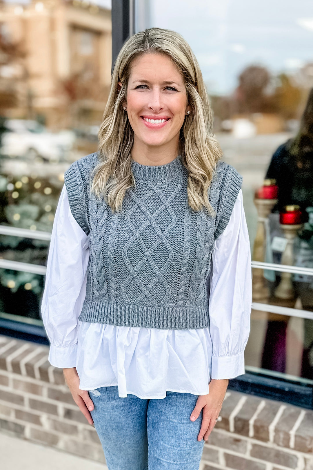 GREY CABLE KNIT LAYERED SWEATER TOP