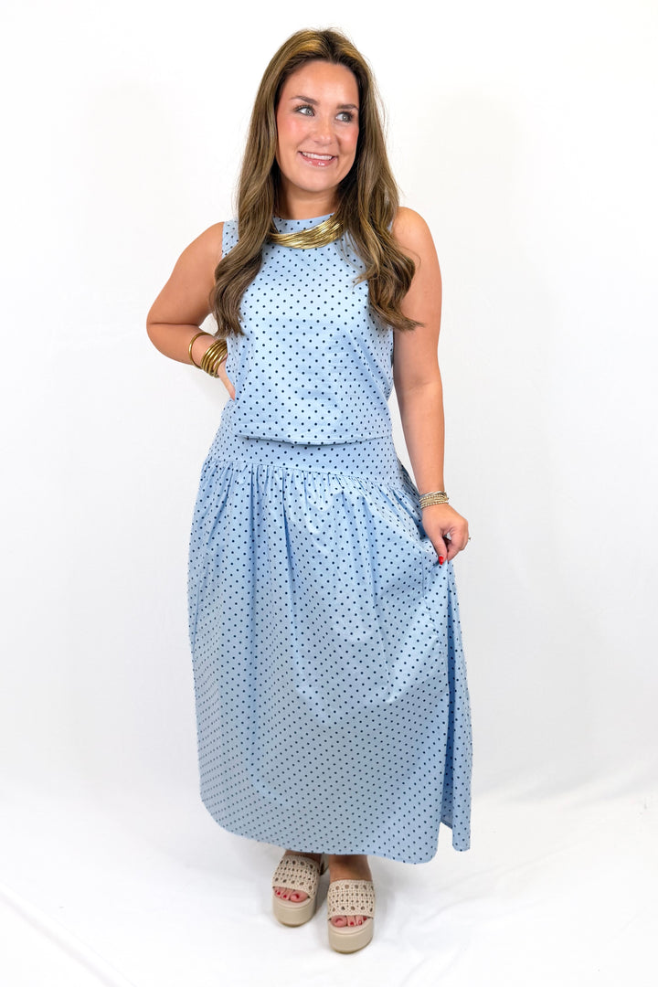 LIGHT BLUE & NAVY POLKA DOT SKIRT SET