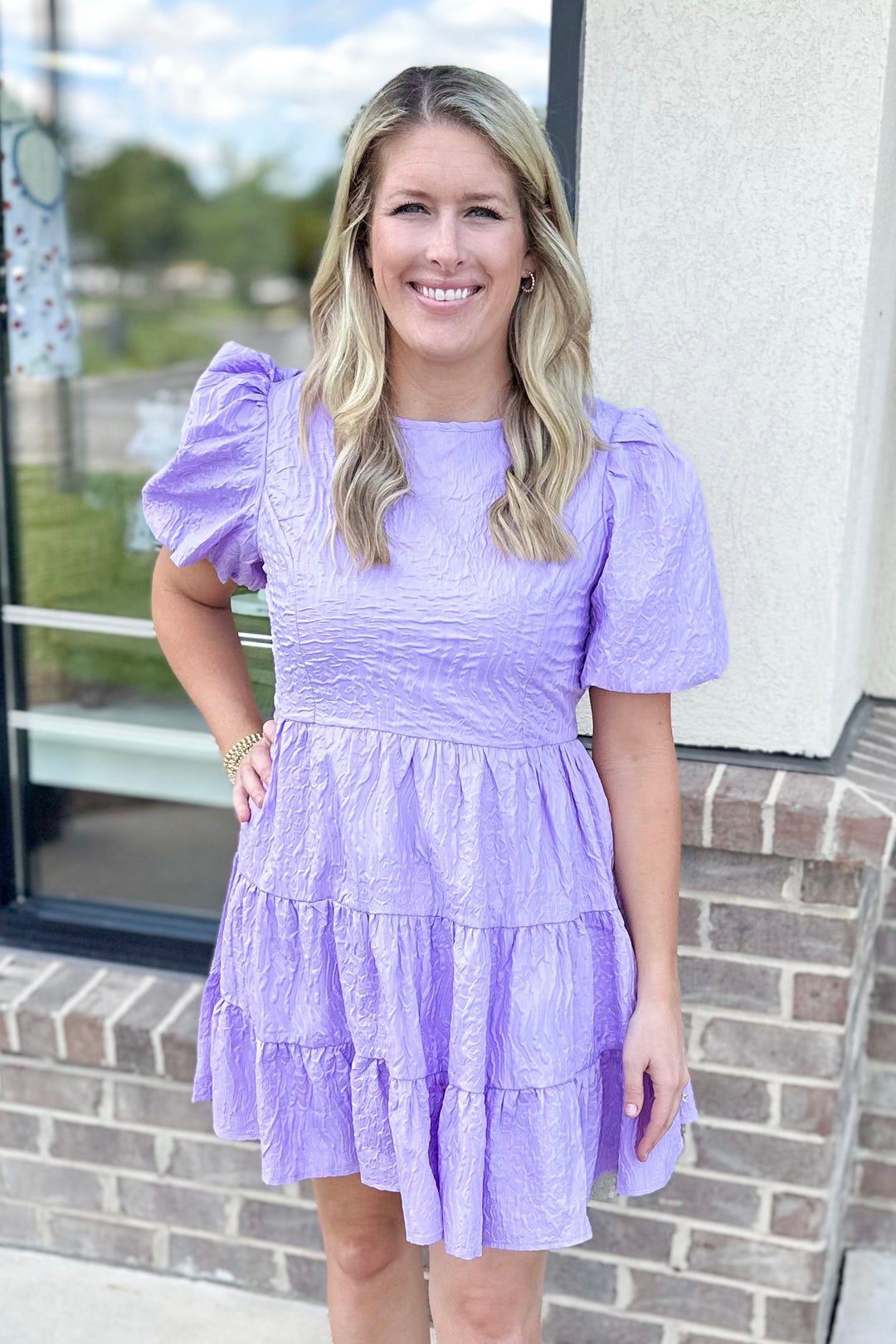 LAVENDER TEXTURED TIERED PUFF SLEEVE DRESS