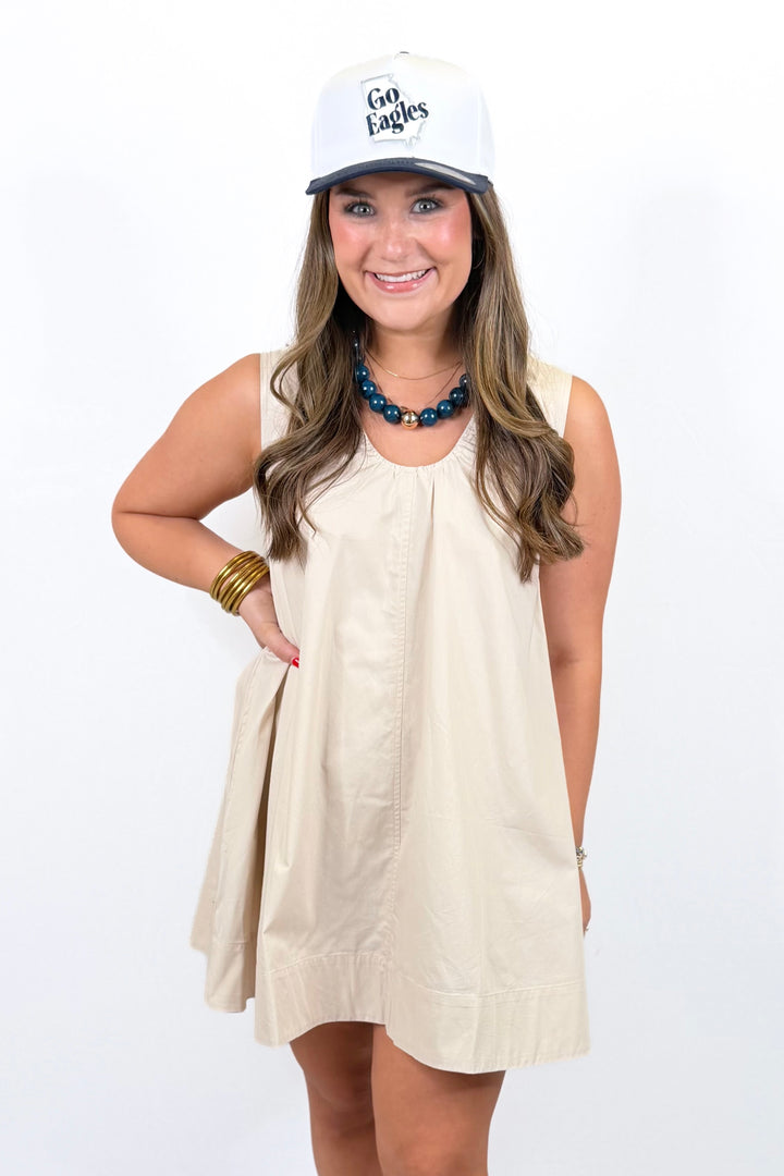 LIGHT KHAKI SLEEVELESS GATHERED NECK MINI DRESS