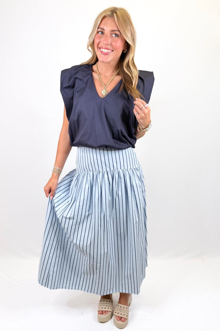 LIGHT BLUE & NAVY STRIPE DROP WAIST MIDI SKIRT