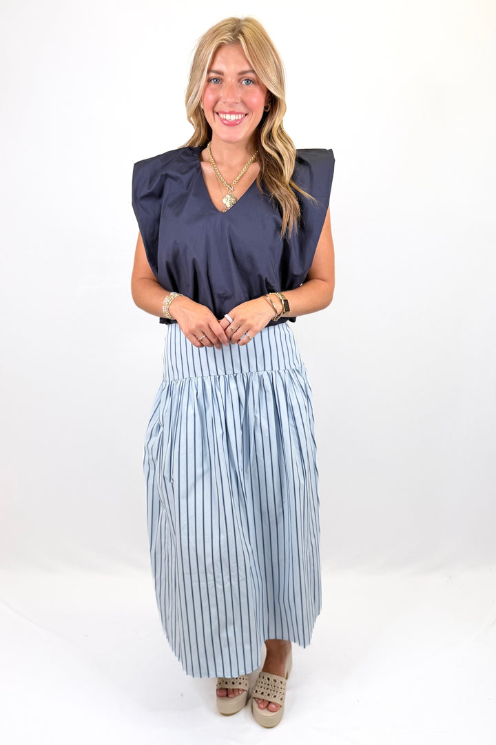 LIGHT BLUE & NAVY STRIPE DROP WAIST MIDI SKIRT